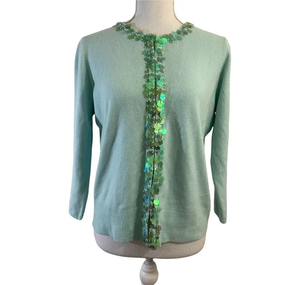 Y2K Blue Cardigan Sweater with Large Sequin Trim in Green Long Sleeve Size Small - Picture 1 of 10